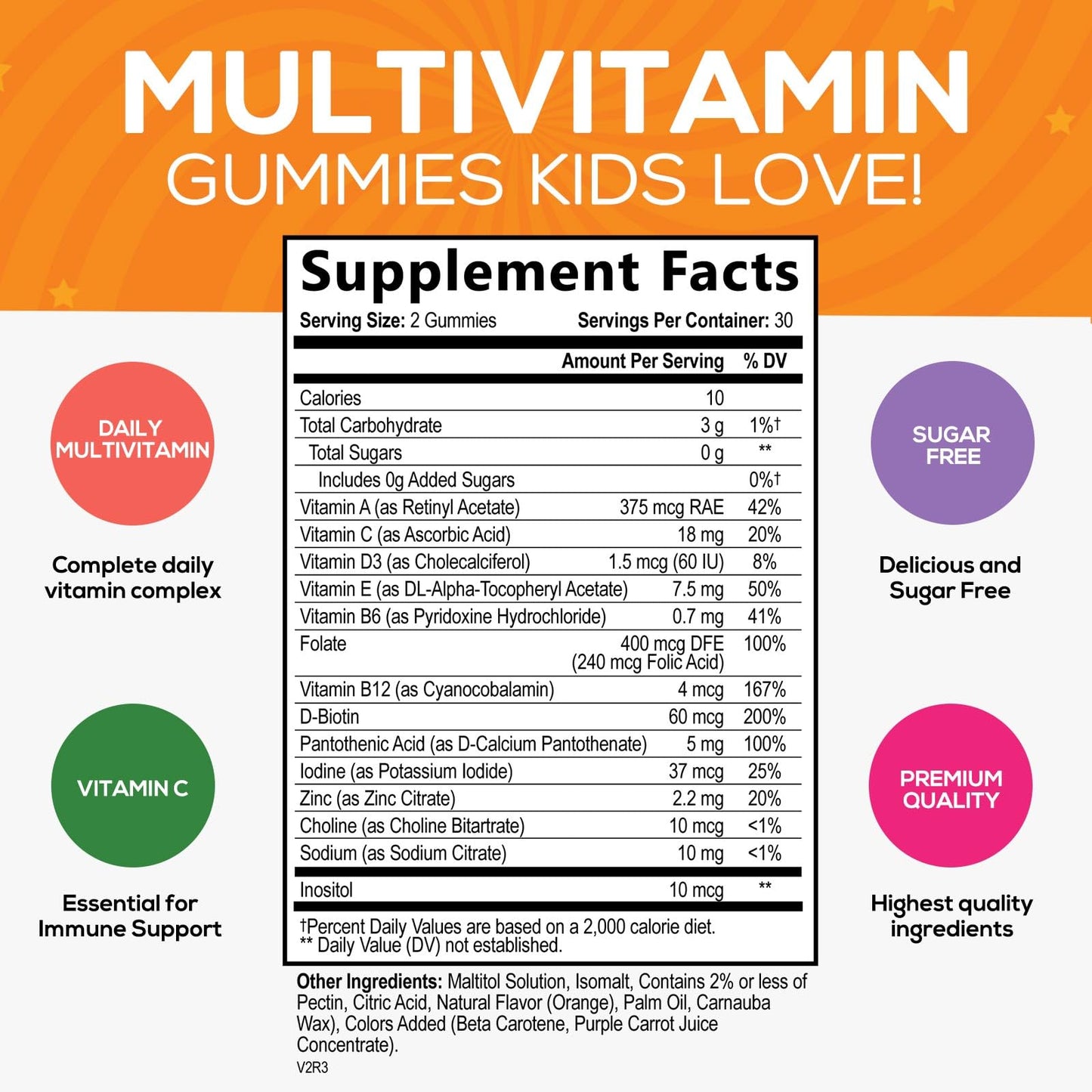Información nutricional de las gominolas multivitamínicas para niños