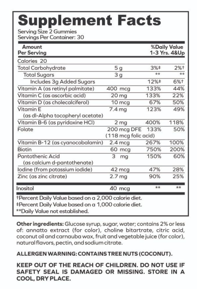 Etiqueta de información nutricional de gomitas envitamin