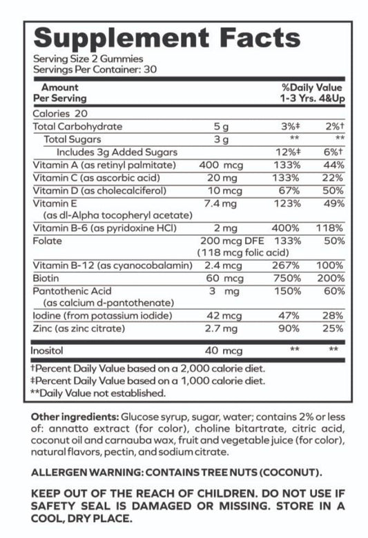 Etiqueta de información nutricional de gomitas envitamin