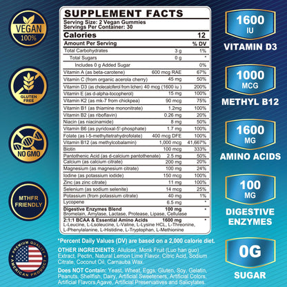Información nutricional de las gomitas multivitamínicas para hombres, vitaminas y aminoácidos.