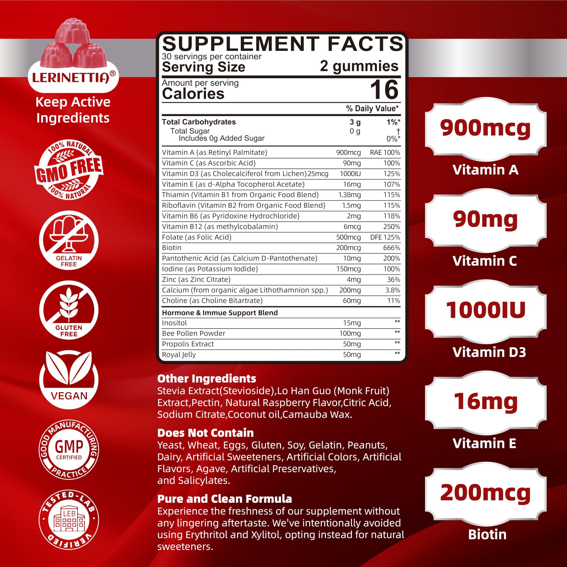 Información nutricional de las gomitas Lerinettia para mujeres 50+