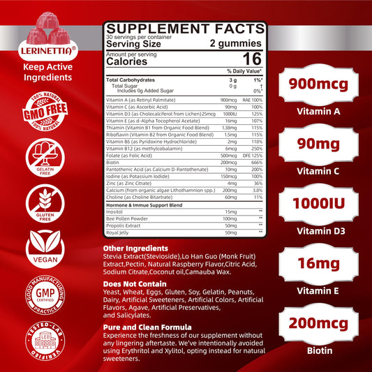 Información nutricional de las gomitas Lerinettia para mujeres 50+