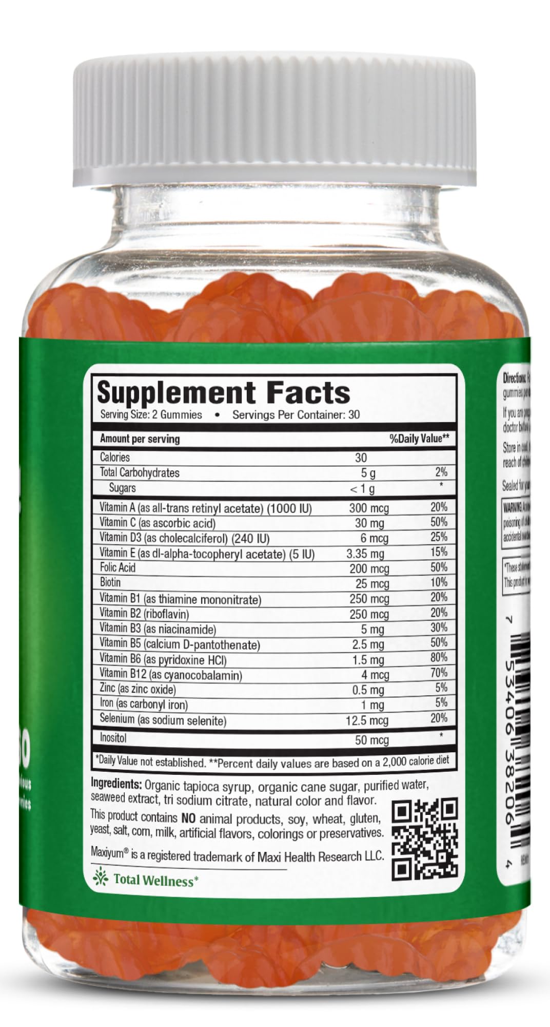 Información nutricional de las gomitas multivitamínicas Maxi Health