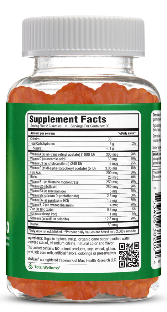 Información nutricional de las gomitas multivitamínicas Maxi Health