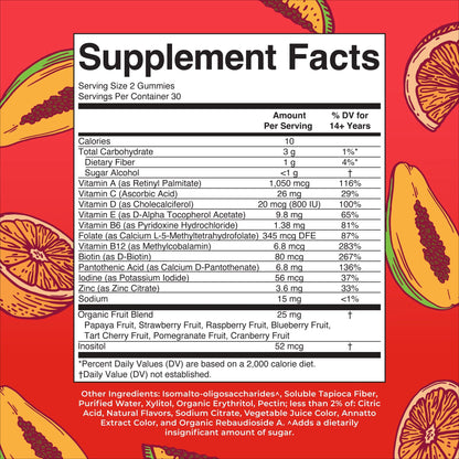 Información nutricional de las gomitas multivitamínicas MaryRuth's.