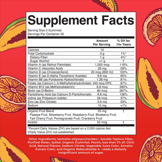 Información nutricional de las gomitas multivitamínicas MaryRuth's.