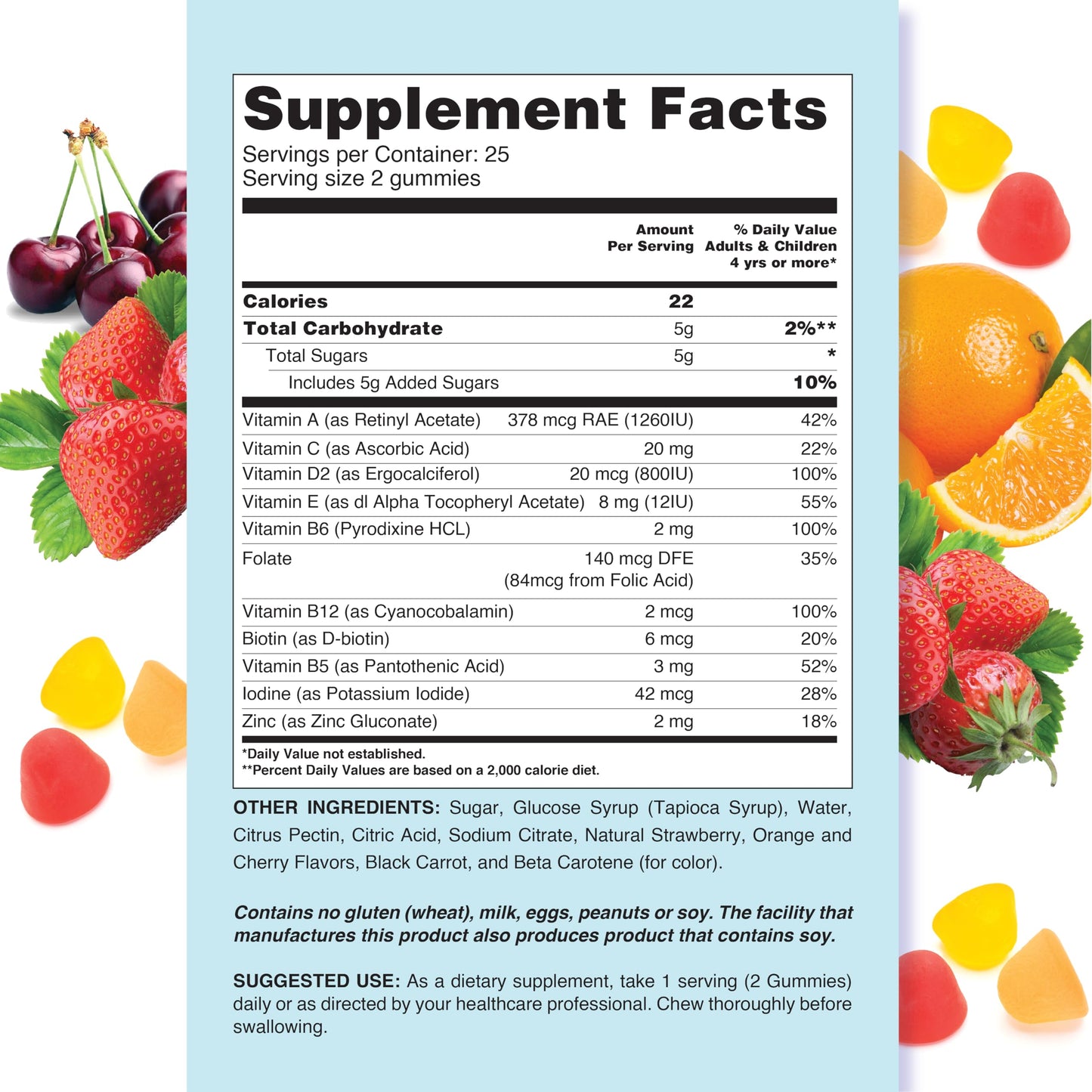 Etiquetas de información nutricional de gomitas multivitamínicas para niños.