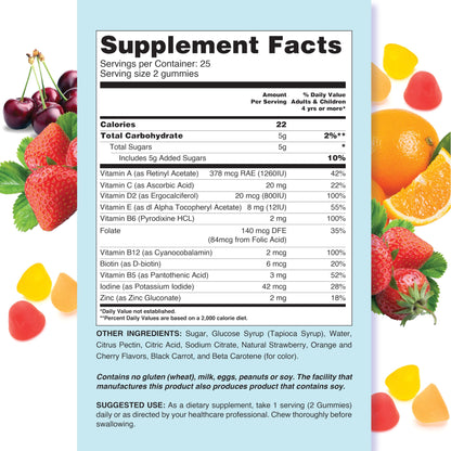 Etiquetas de información nutricional de gomitas multivitamínicas para niños.