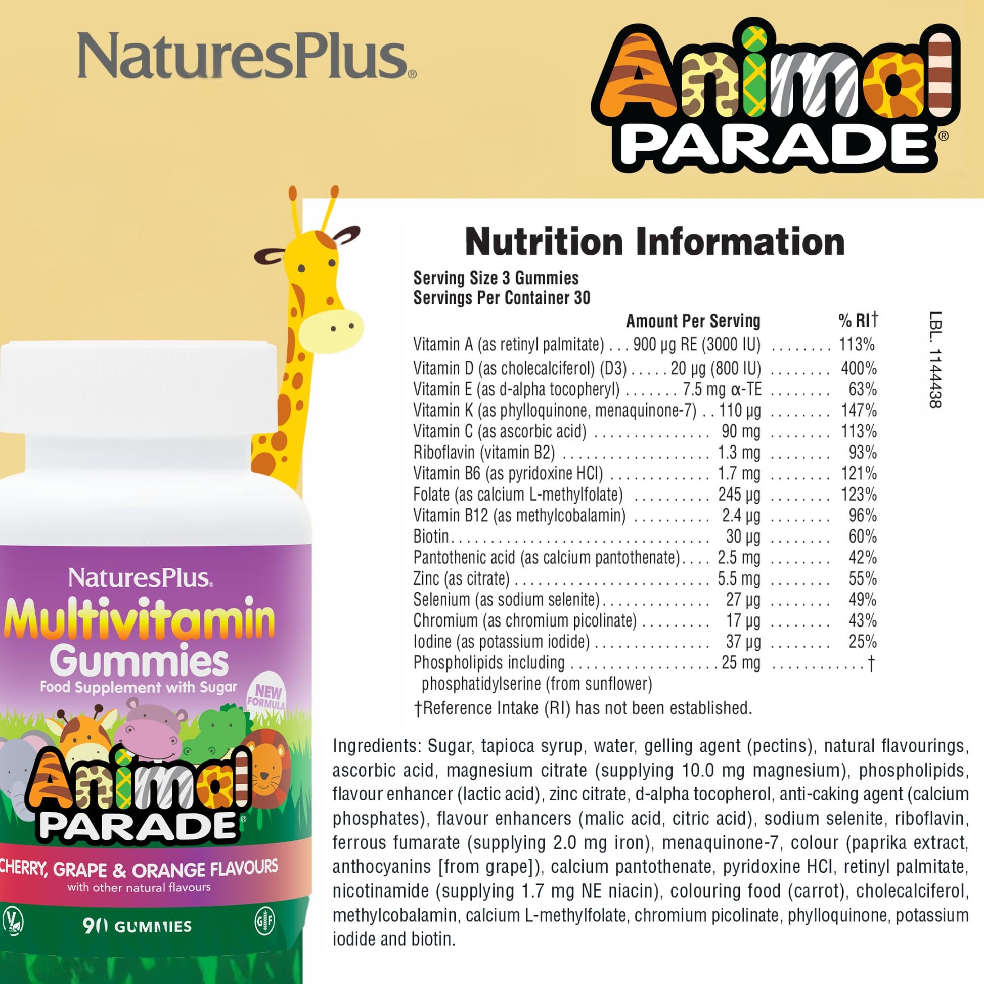 Información nutricional de gomitas multivitamínicas
