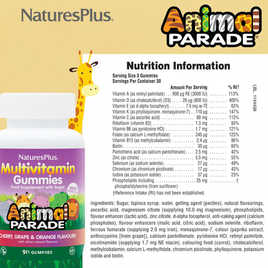 Información nutricional de gomitas multivitamínicas