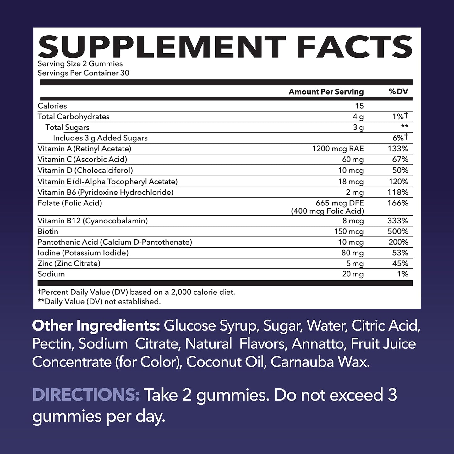 Información nutricional de gomitas multivitamínicas