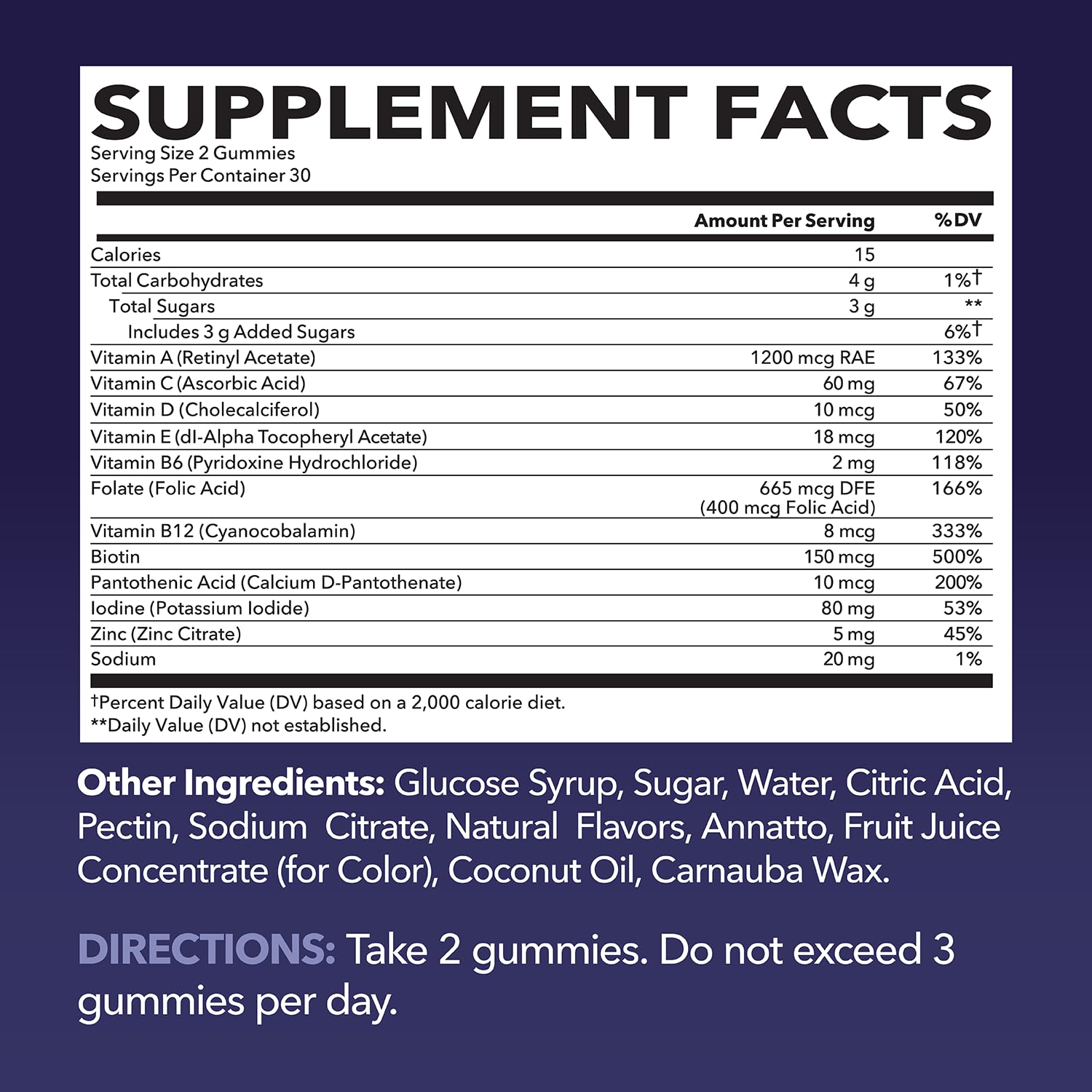 Información nutricional de gomitas multivitamínicas