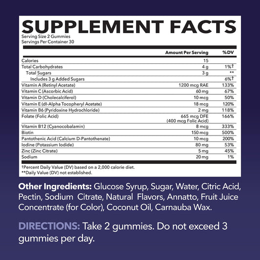 Información nutricional de gomitas multivitamínicas