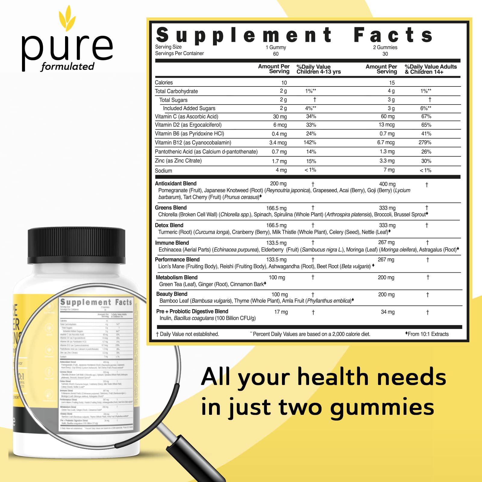 Información nutricional de gomitas multivitamínicas Super Greens.