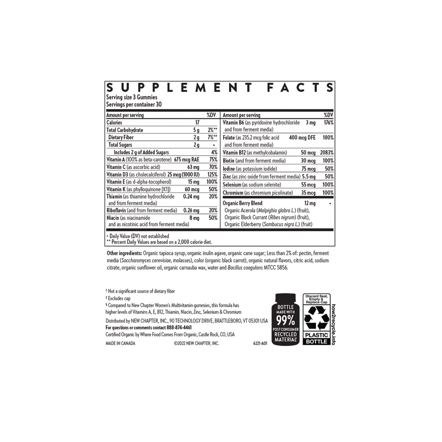 Información nutricional detallada de las gomitas New Chapter