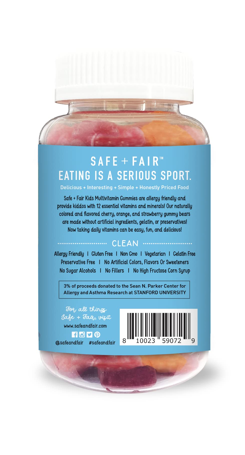 Información nutricional de gomitas multivitamínicas Safe + Fair para niños.