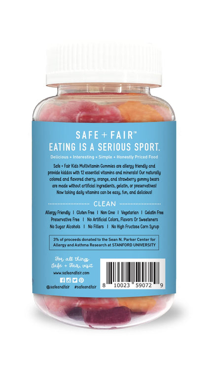 Información nutricional de gomitas multivitamínicas Safe + Fair para niños.