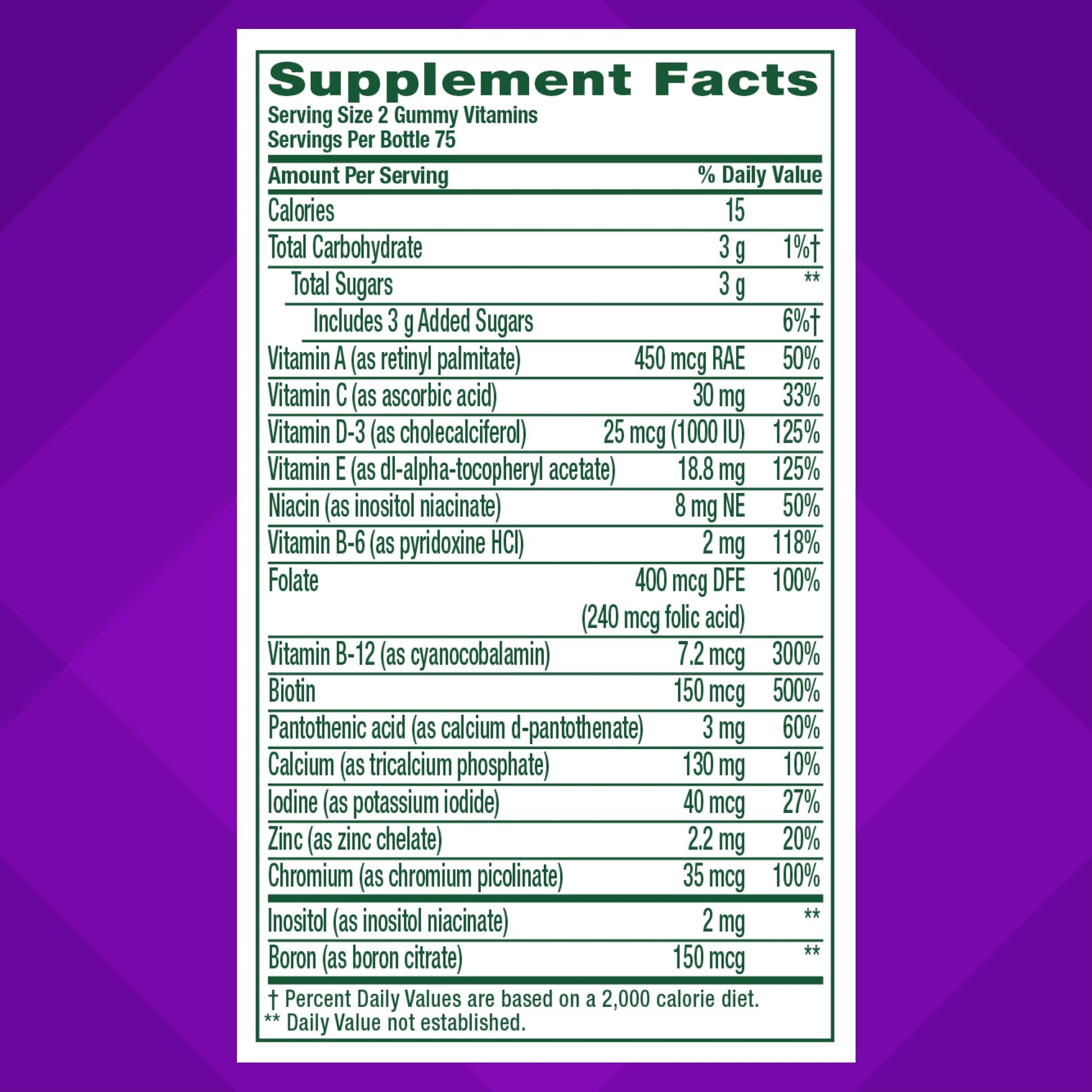 Información nutricional gomitas multivitamínicas Vitafusion