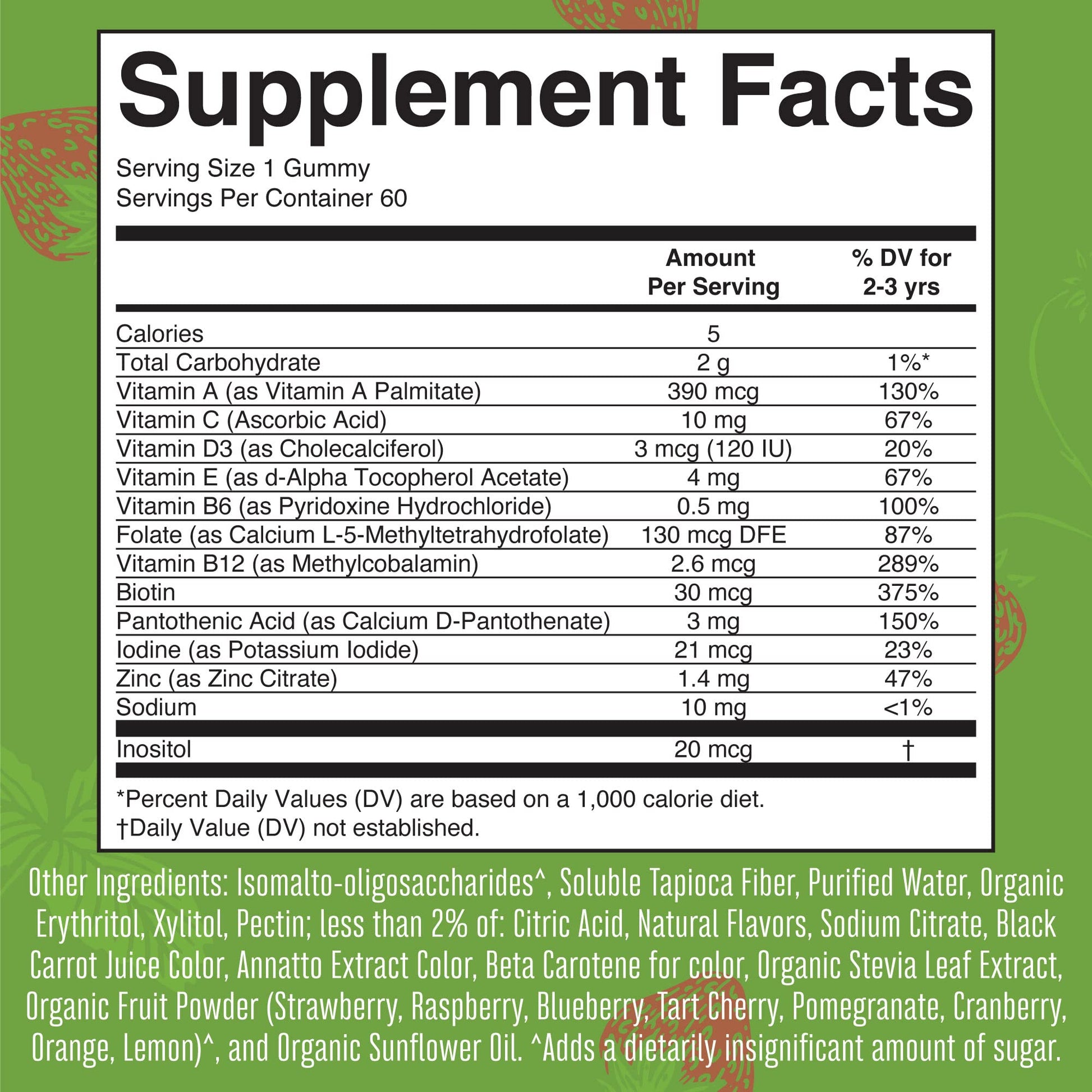 Información nutricional de las gomitas multivitamínicas sin azúcar.