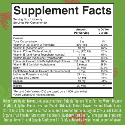 Información nutricional de las gomitas multivitamínicas sin azúcar.