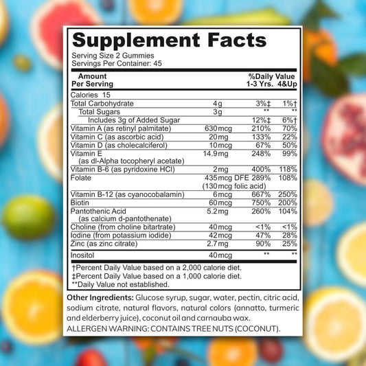 Información nutricional de las gomitas multivitamínicas Zaytun