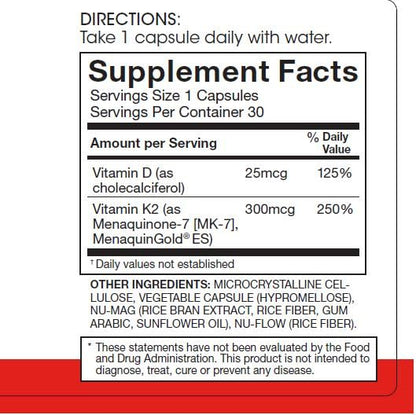 Información nutricional del K2-D3 de Silver Fern