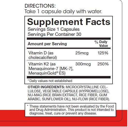 Información nutricional del K2-D3 de Silver Fern