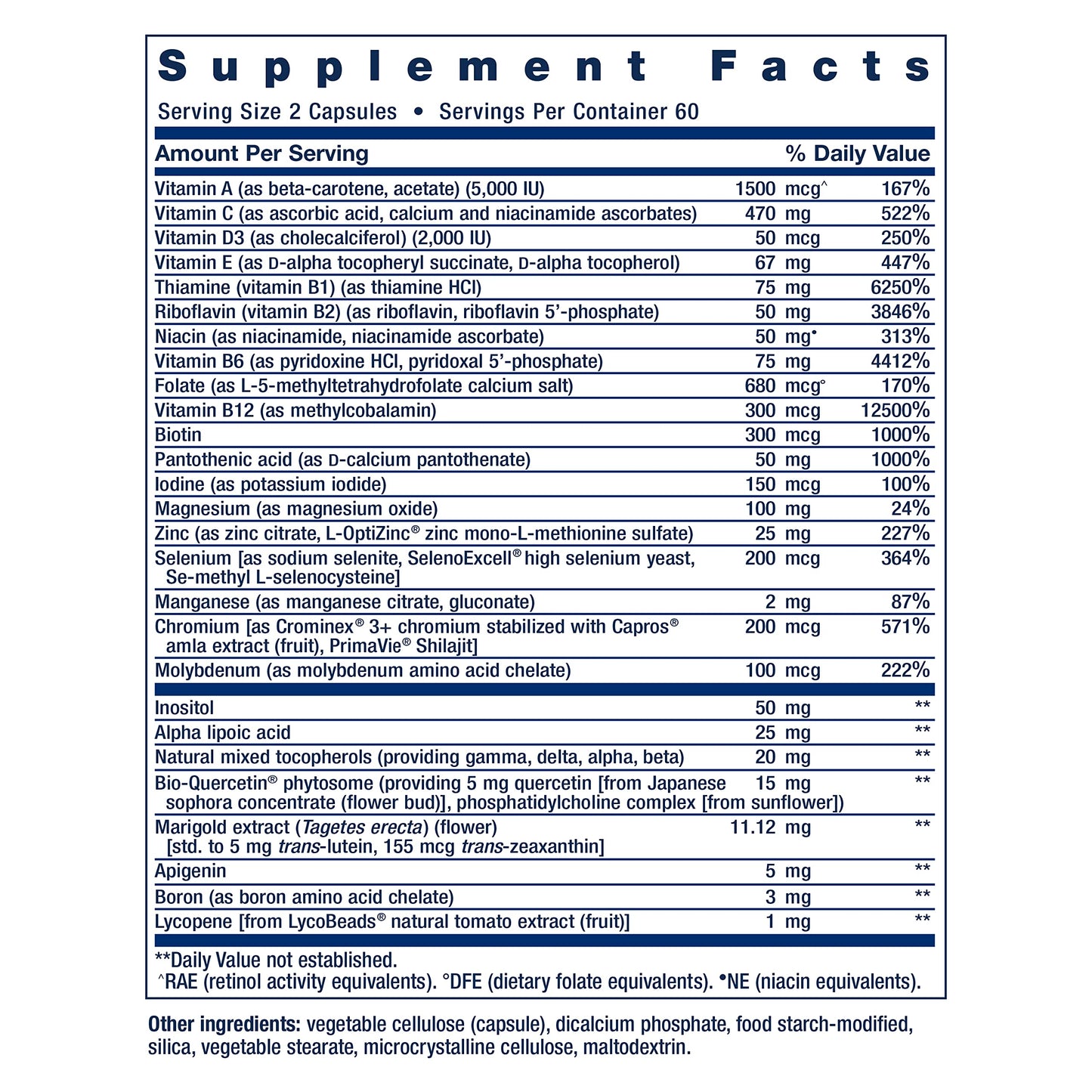 Tabla de información nutricional del multivitamínico Life Extension.