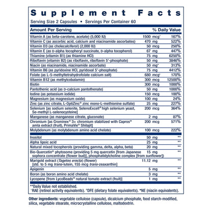 Tabla de información nutricional del multivitamínico Life Extension.