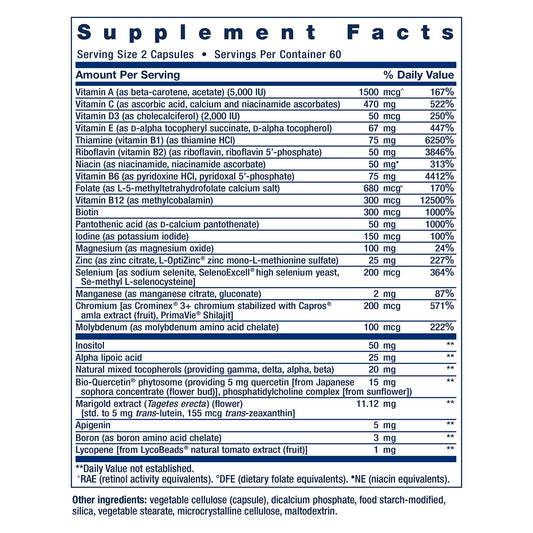Tabla de información nutricional del multivitamínico Life Extension.