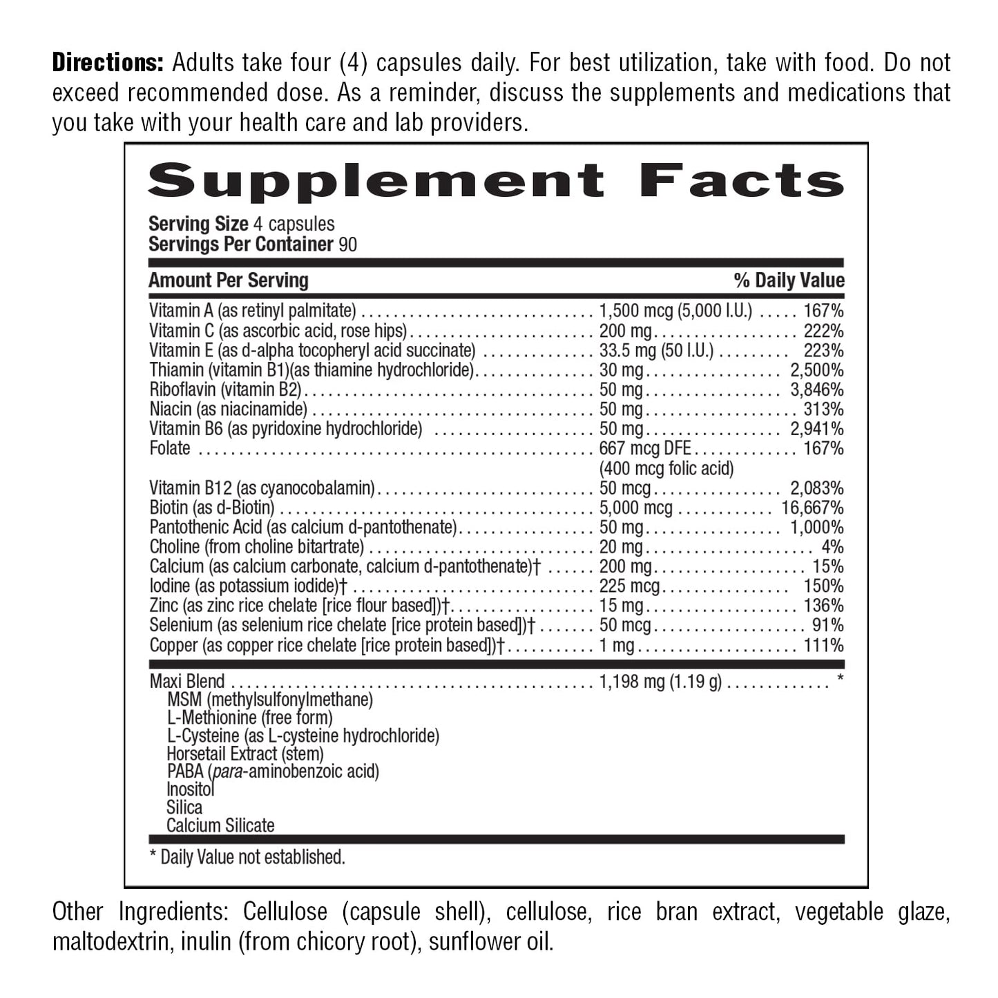 Información nutricional de Maxi-Hair Plus con biotina