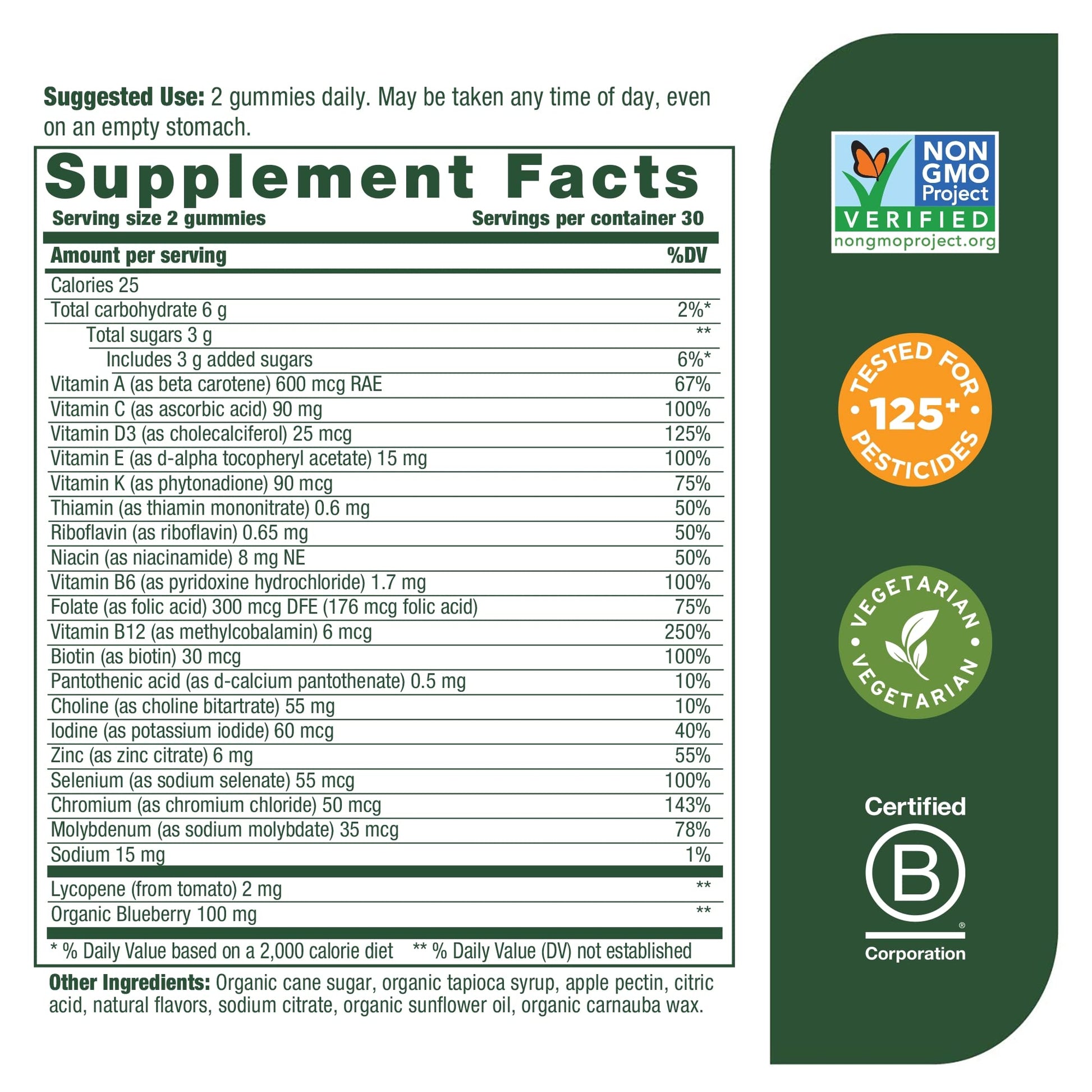 Información nutricional MegaFood Men's Multi, vitaminas y minerales.