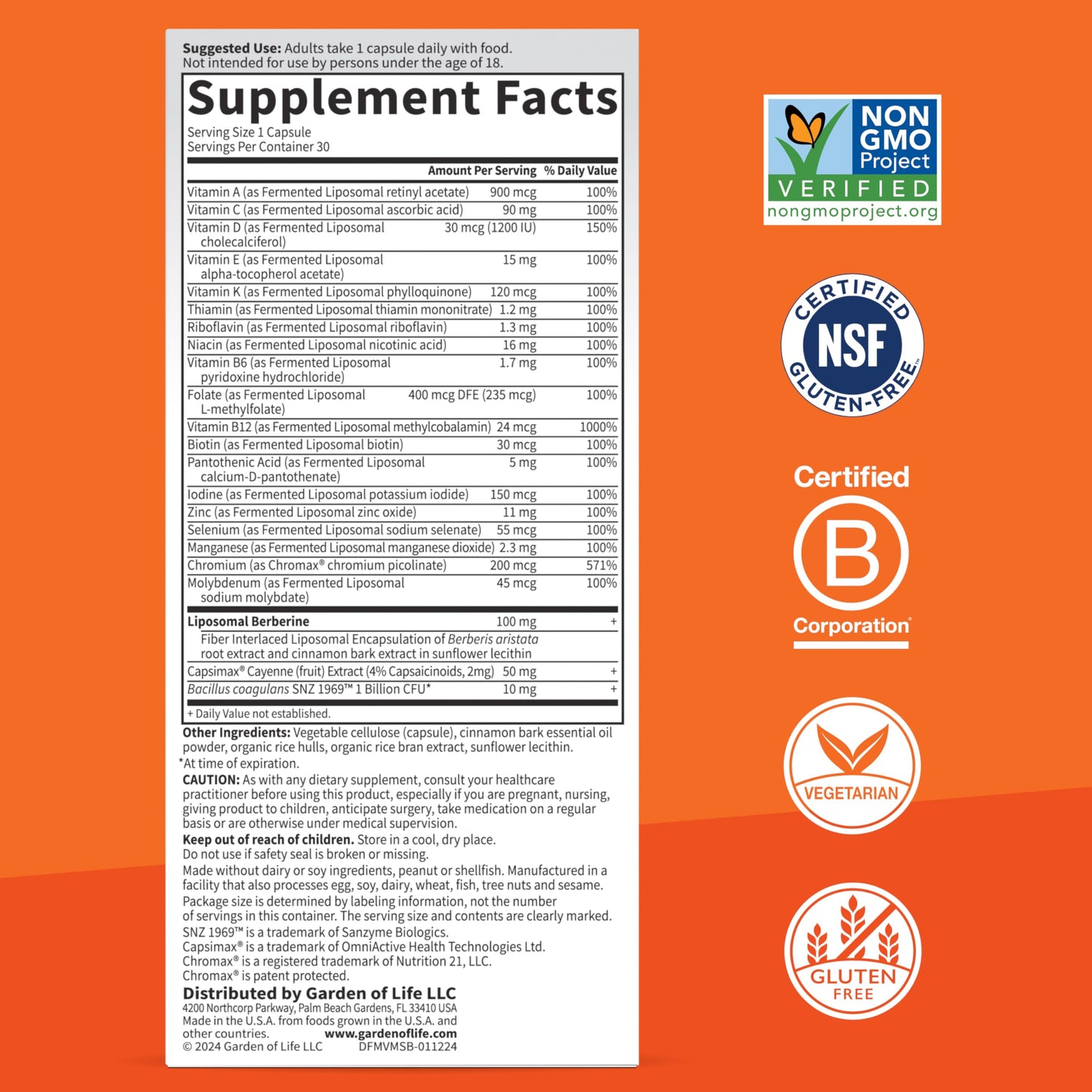 Tabla de información nutricional de multivitamina Garden of Life