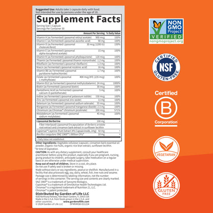 Tabla de información nutricional de multivitamina Garden of Life
