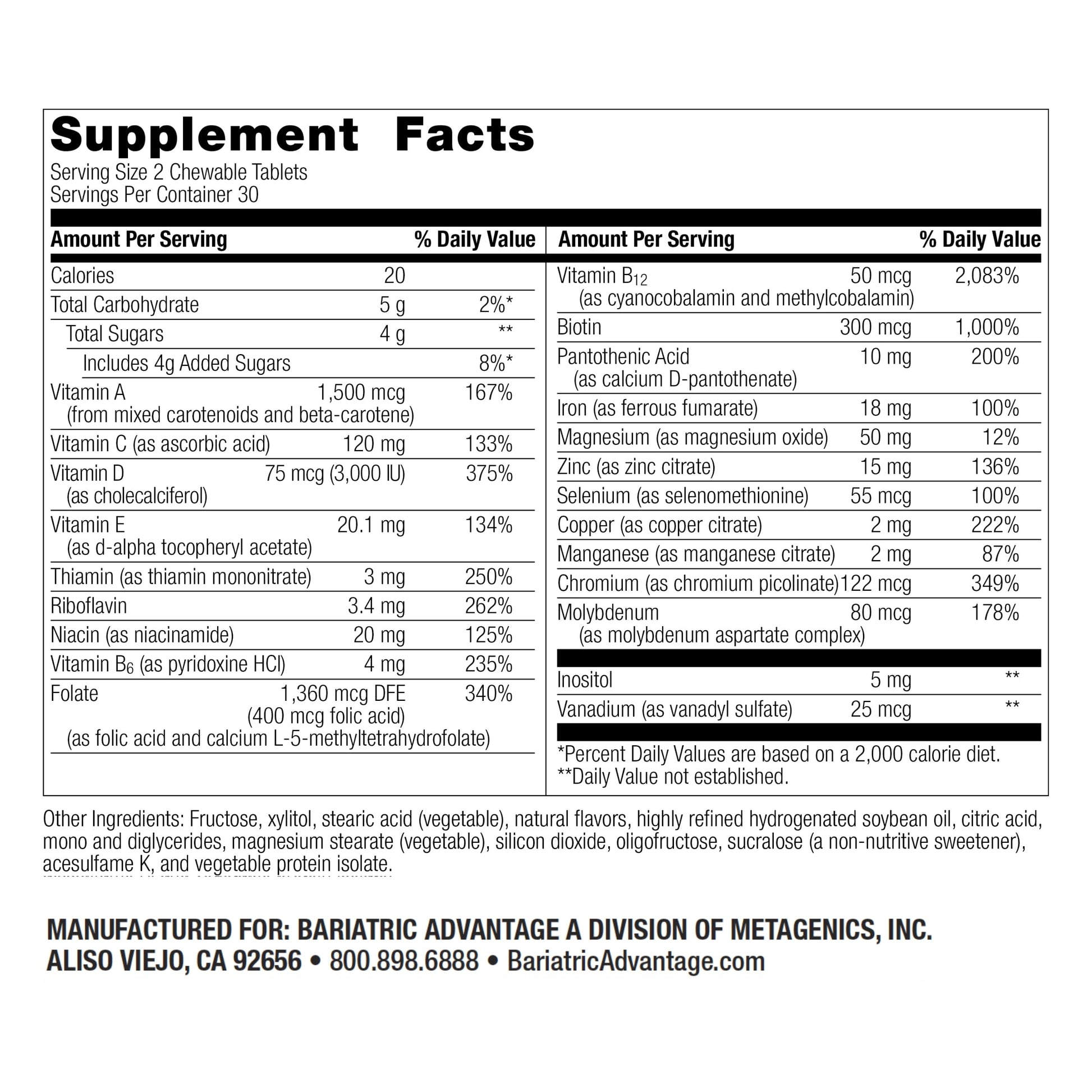 Información nutricional de multivitaminas para cirugía bariátrica