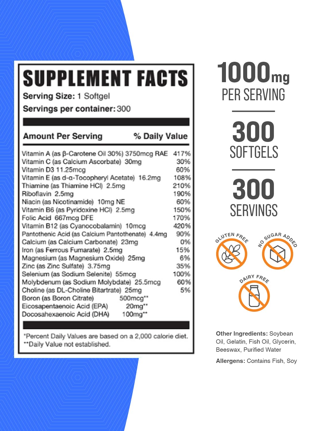 Información nutricional multivitaminas BulkSupplements hombres