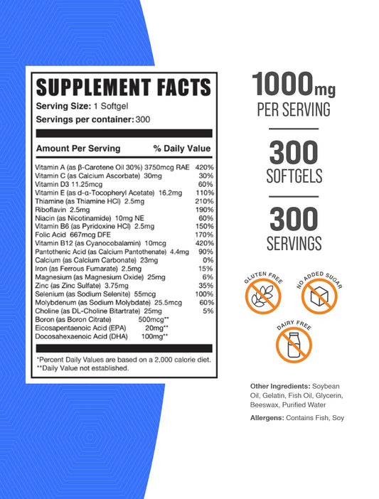 Información nutricional de multivitaminas BulkSupplements con aceite de pescado