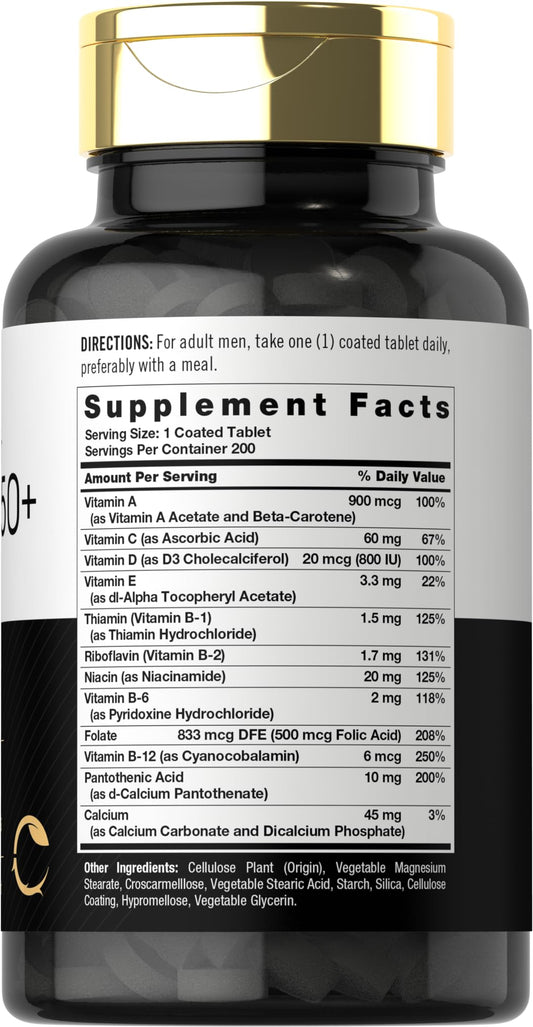 Información nutricional de multivitaminas Carlyle para hombres 50+