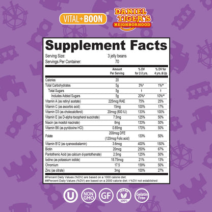 Tabla de información nutricional de multivitaminas Daniel Tiger.