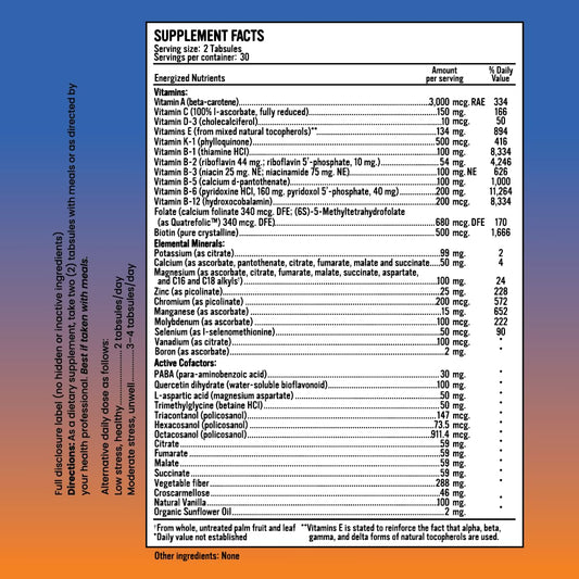 Información nutricional de multivitaminas Energized para hombres