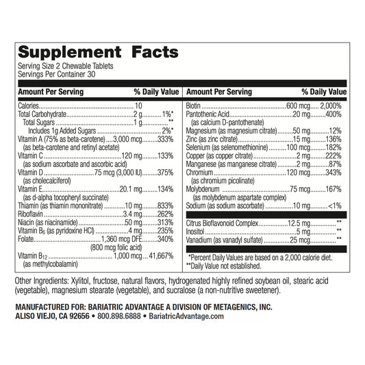 botella bariatric advantage multivitamina sin hierro información nutricional