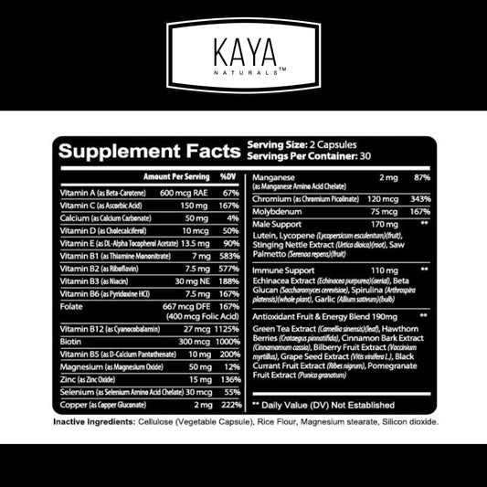 Información nutricional de las multivitaminas para hombres Kaya Naturals