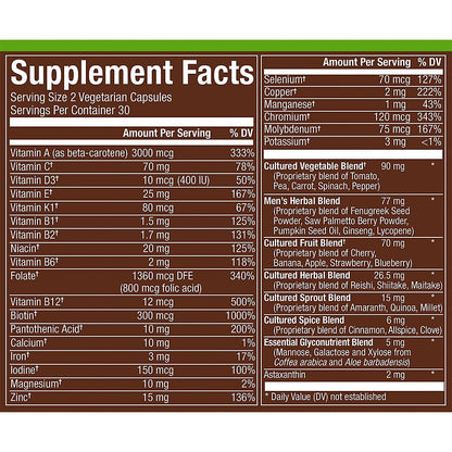 Información nutricional multivitaminas para hombres 50+.