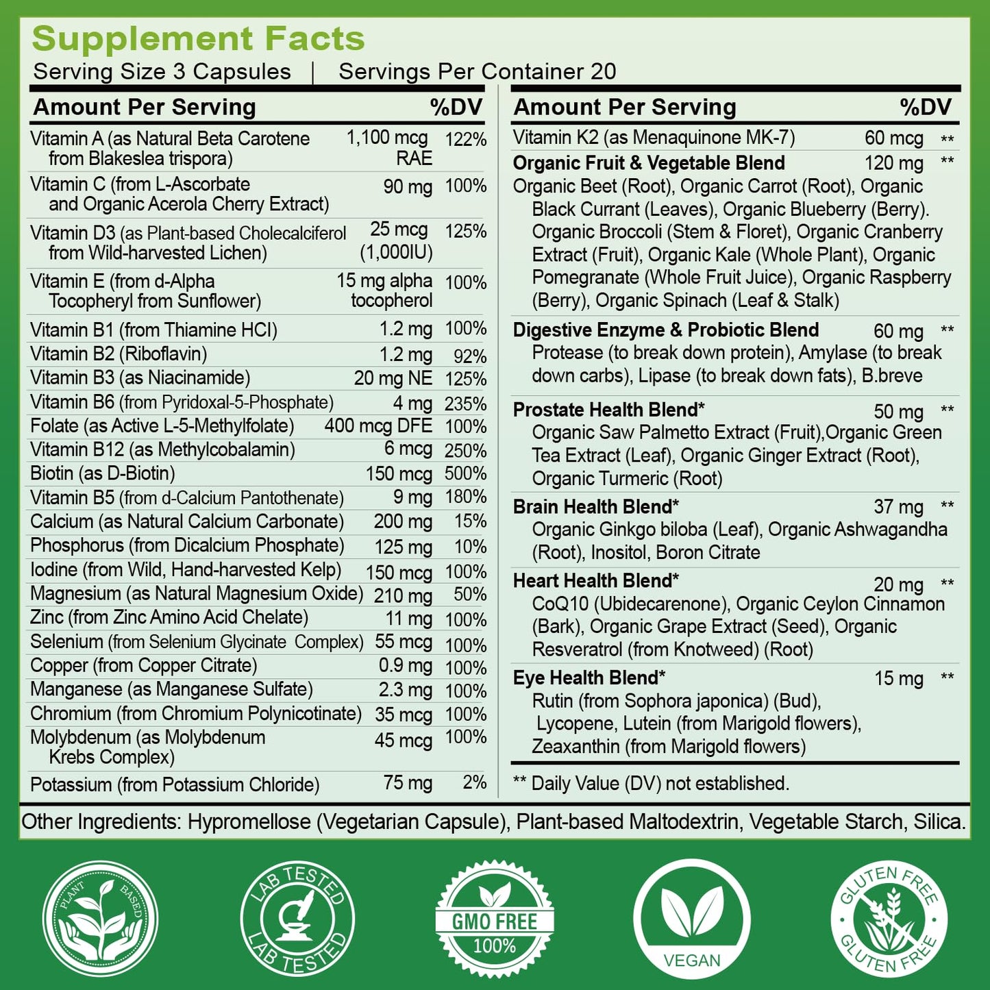 Información nutricional de multivitaminas whole food.