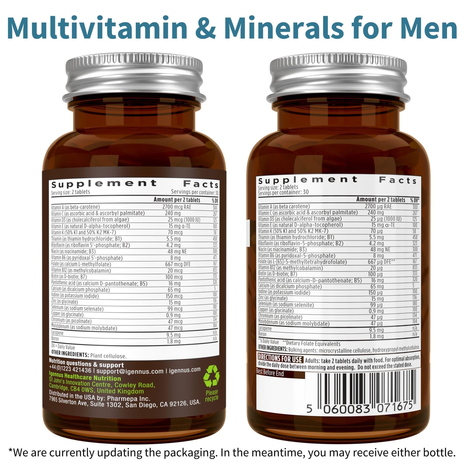Información nutricional de multivitaminas Igennus para hombres.