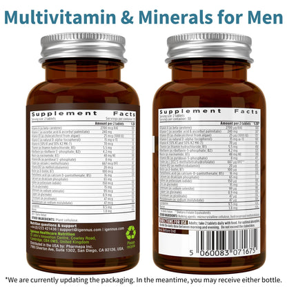 Información nutricional de multivitaminas Igennus para hombres.
