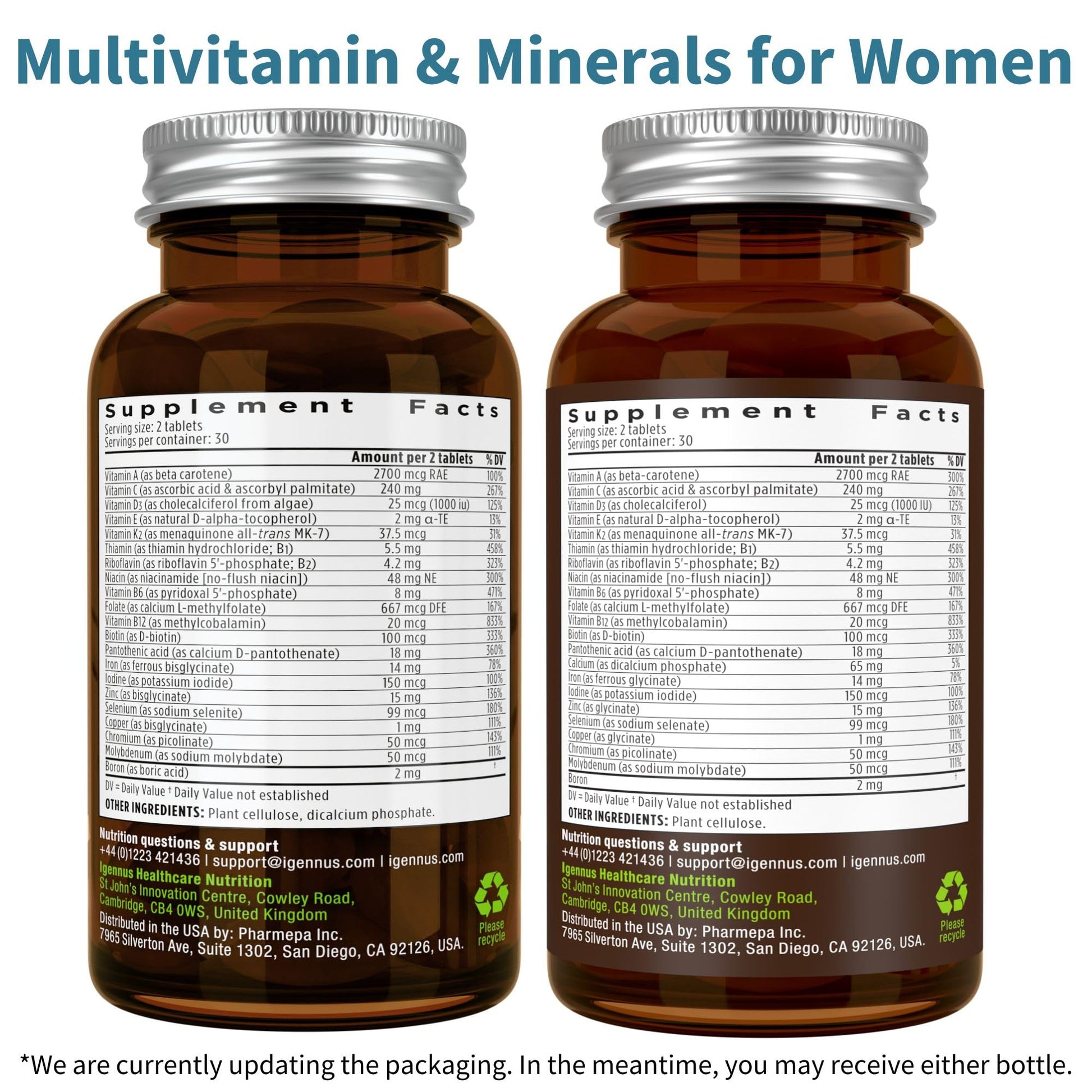 Información nutricional de multivitaminas Igennus para mujeres.