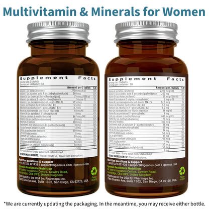 Información nutricional de multivitaminas Igennus para mujeres.