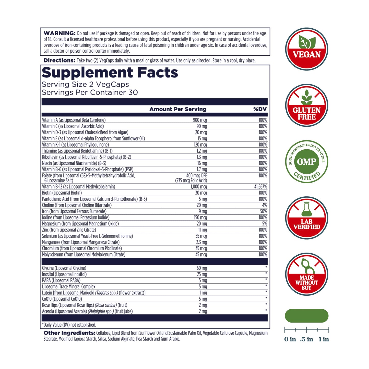 Información nutricional de multivitaminas KAL con sistema liposomal.