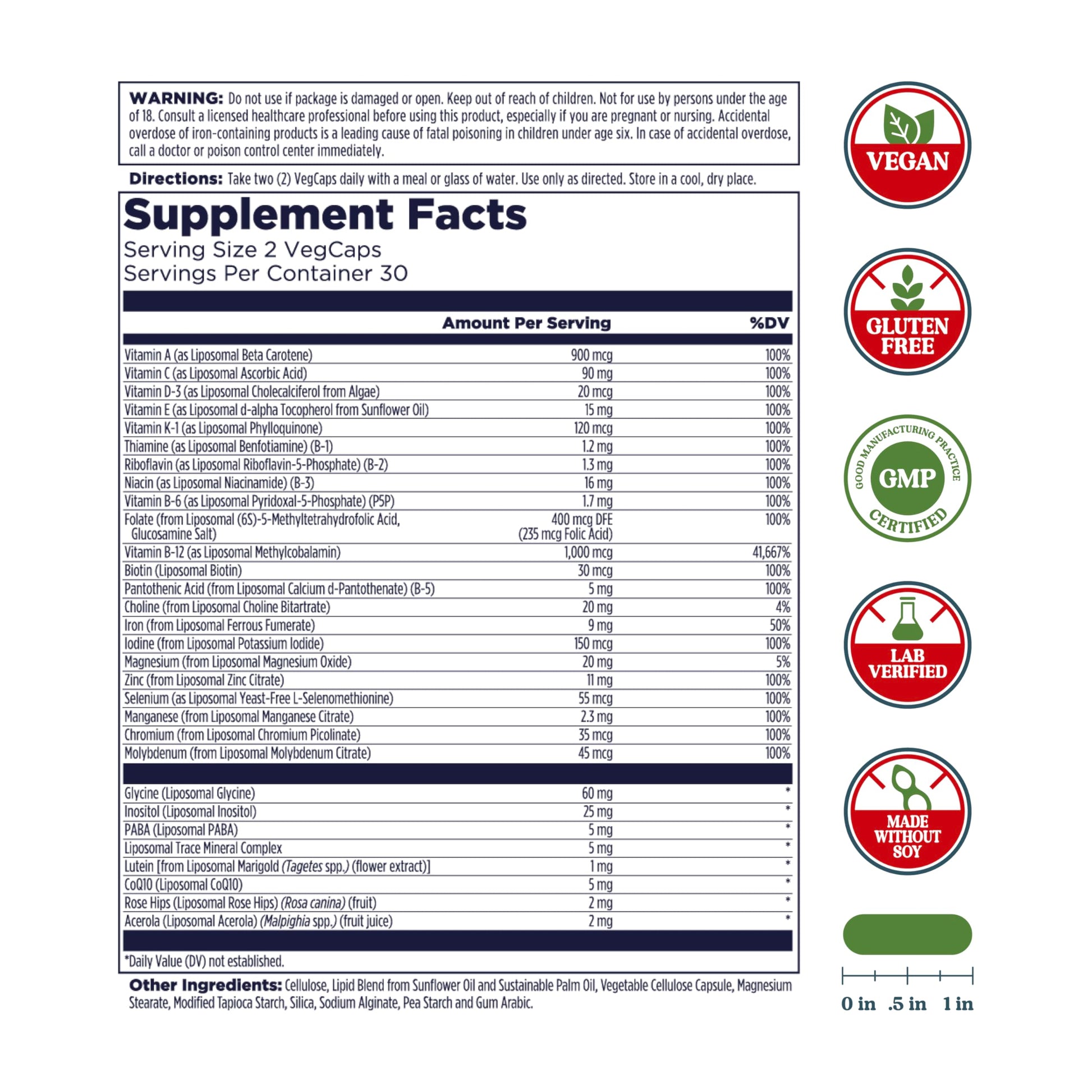 Información nutricional de multivitaminas KAL con sistema liposomal.